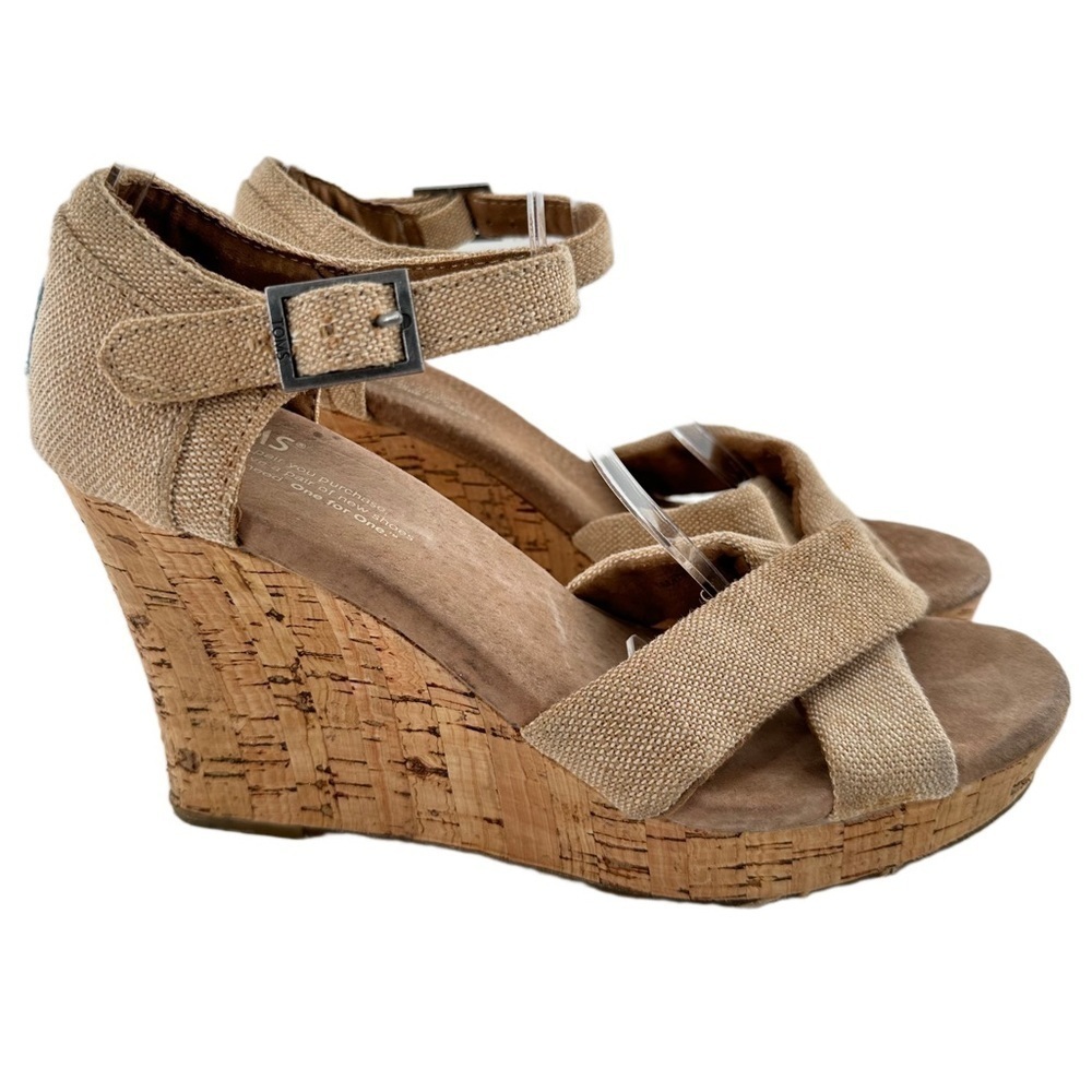 Toms womens sandals size 7.5 tan canvas cork wedges - Picture 12 of 12